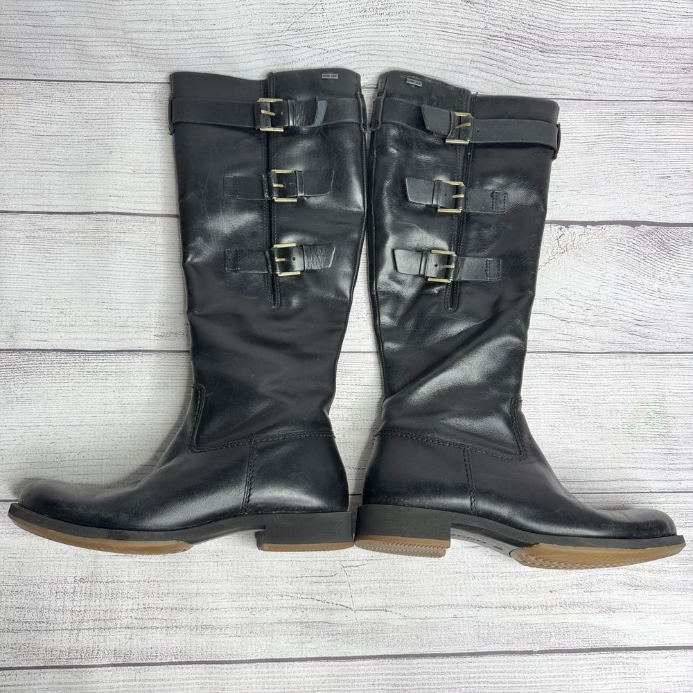 ECCO GORE-TEX Black Leather Riding Boots Waterproof Buckle Detail Winter Fashion